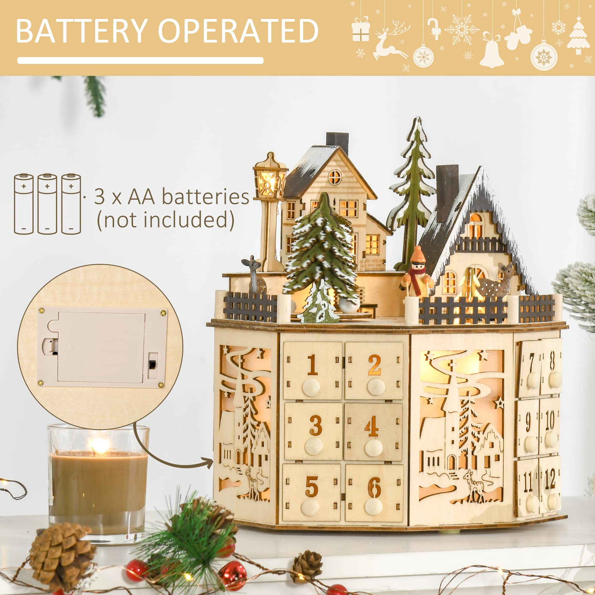 HOMCOM Christmas Advent Calendar, Light Up Table Xmas Wooden Holiday Decoration with Countdown Drawers and Village, for Kids and